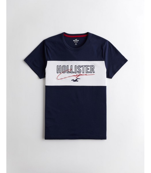 Hollister Navy And White Block Logo Graphic Tee
